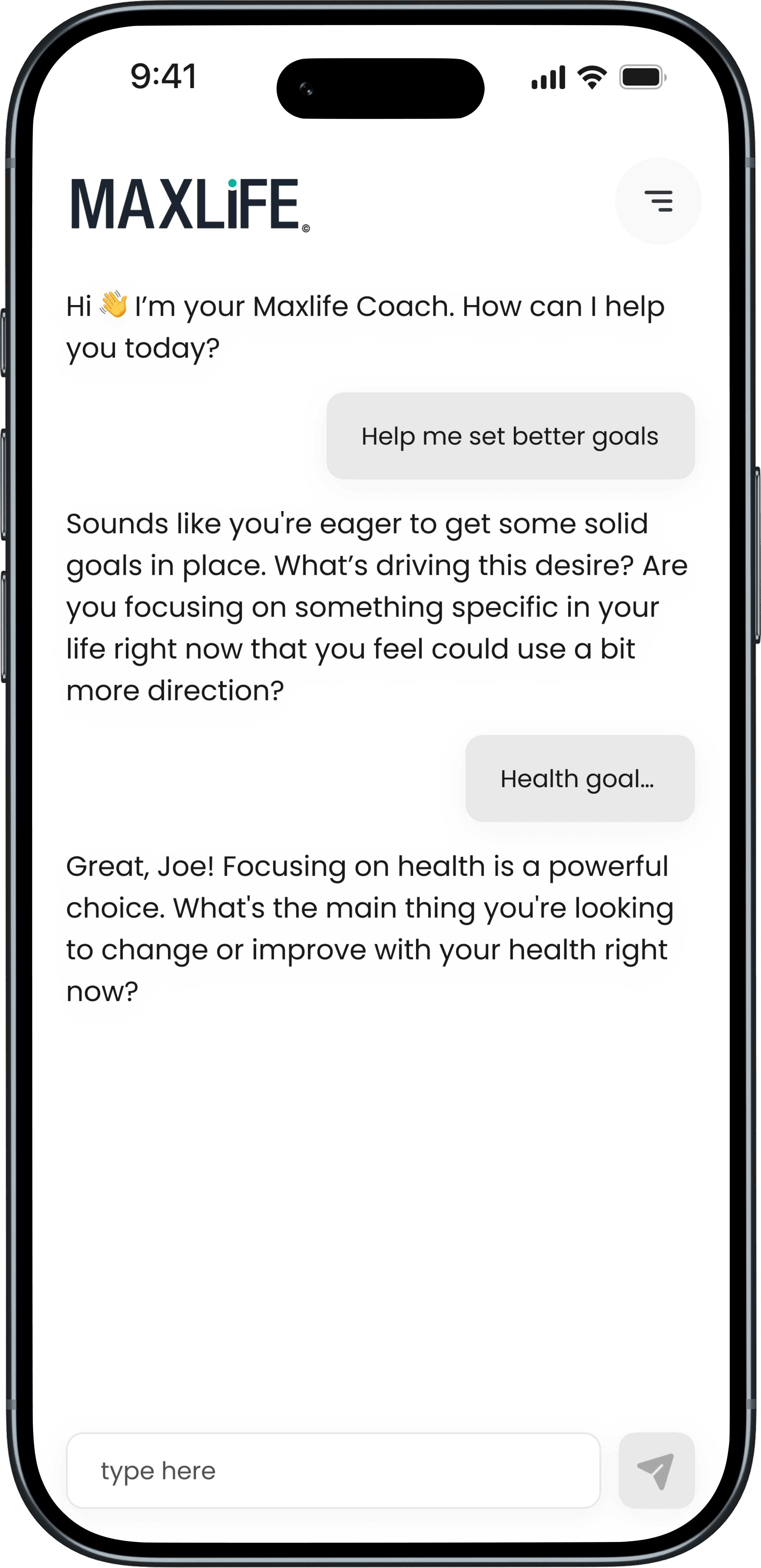 MaxLife AI Coach prompt screen